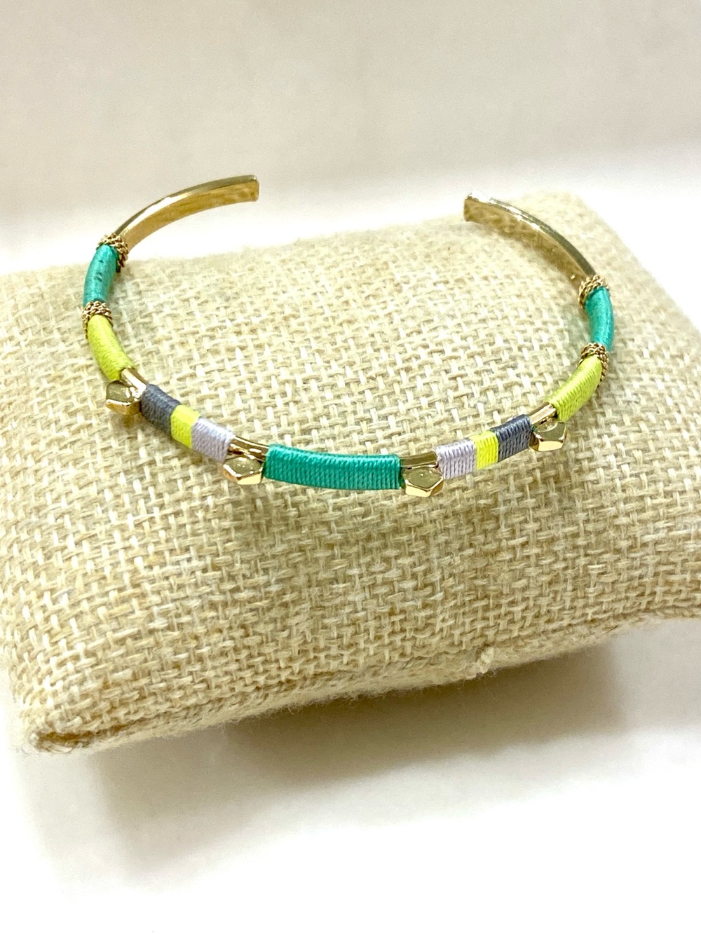 Stella & Dot Gold Tone Cuff with Turquoise, Lime and Gray Thread Wraps